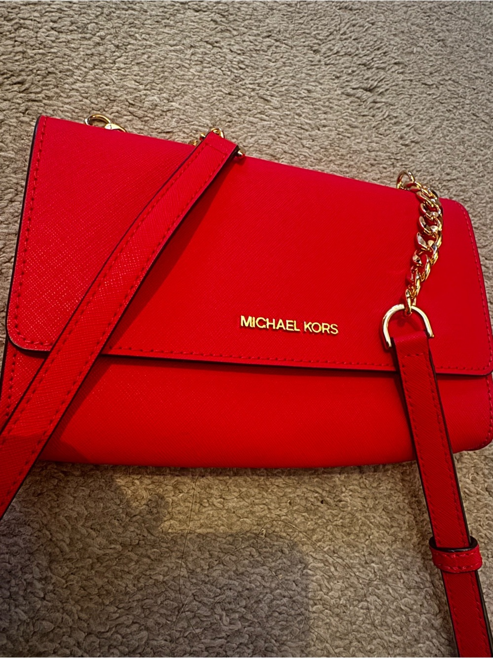 Michael Kors Bold Red Crossbody with Gold Chain Detail